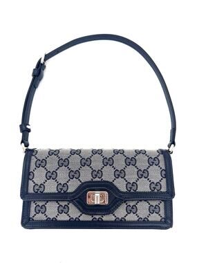 NIB Gucci Luce Mini GG Canvas Gray Shoulder Bag Navy Blue Leather Trim